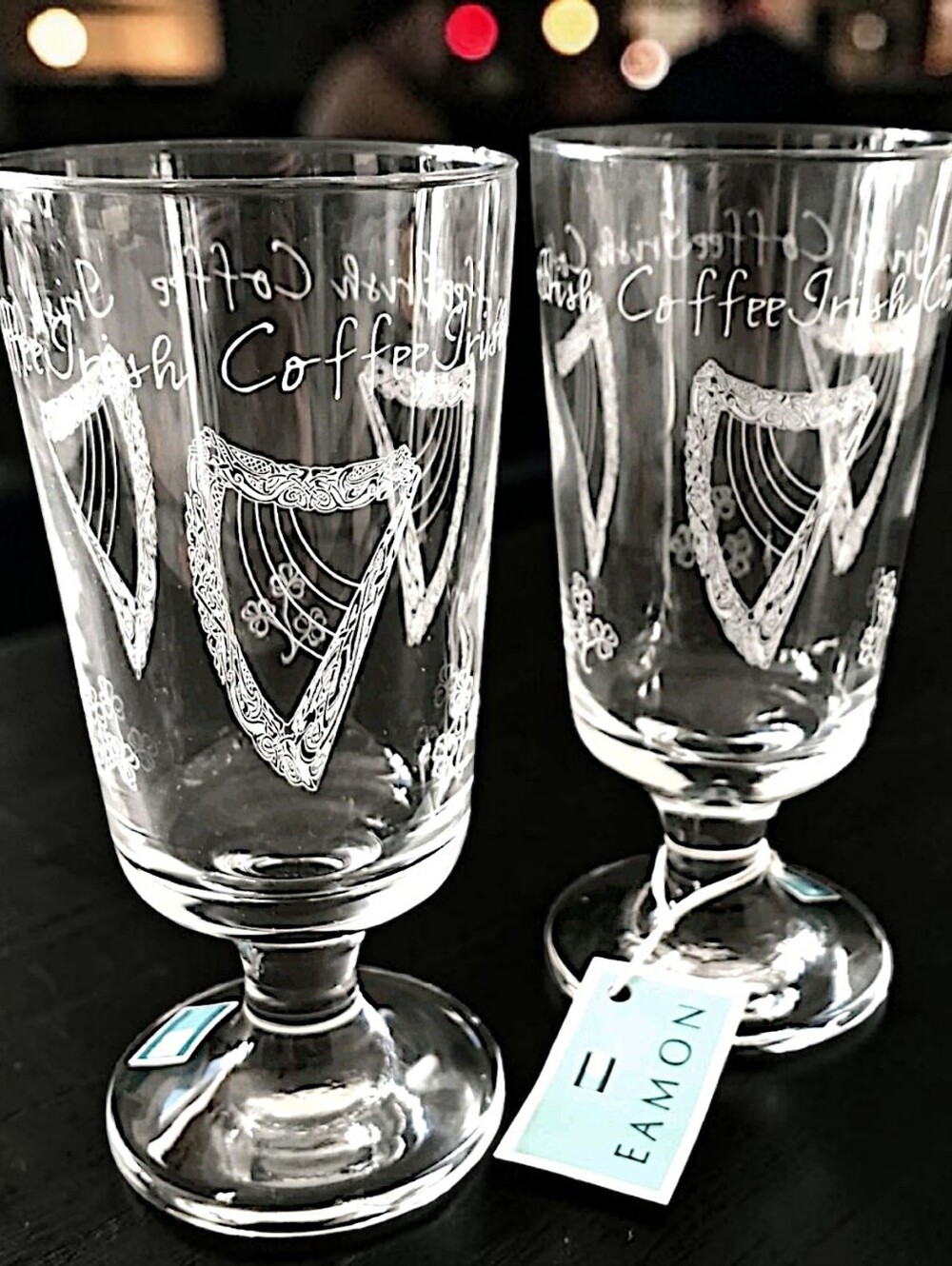 2 Eamon Glass Irish‎ Coffee Cups Mugs Etched Ireland Liqueur Harps Shamrocks NEW
